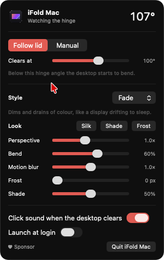 The iFold menu bar popover with Follow lid and Manual modes, a Clears at slider, Silk, Shade and Frost presets, sliders for Perspective, Bend, Motion blur, Frost and Shade, and switches for click sound and launch at login